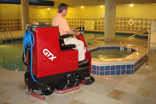 Getting around the pool is a breeze with the maneuverability of the compact GTX rider floor scrubber.